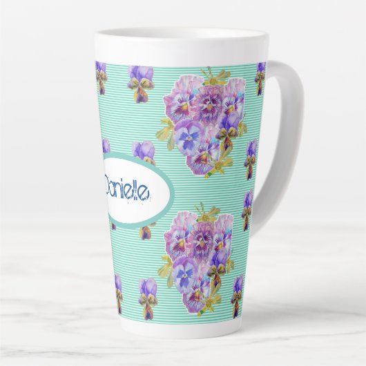 Shabby Chic Turquoise Aqua Pansy floral Latte Mok (Rechterhoek)