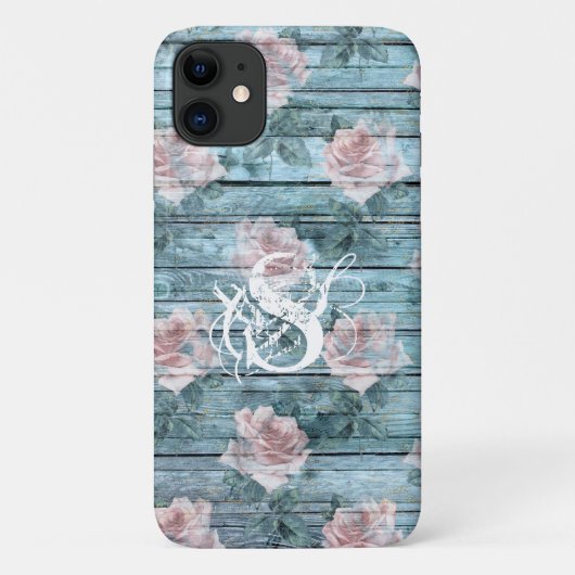 Shabby Chic Turquoise Pink Floral Monogram Case-Mate iPhone Case (Achterkant)