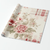 Shabby Chic Verdrietig Kerstmis Bloemen Tartan Cadeaupapier (Uitgerold)