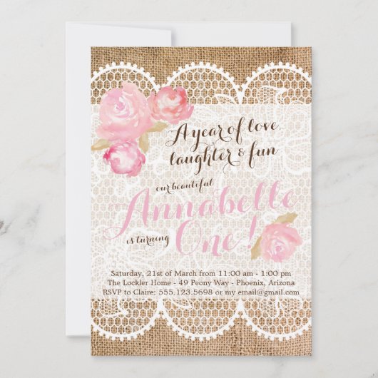 Shabby Chic verjaardagsuitnodiging, Burlap & Lace Kaart (Voorkant)