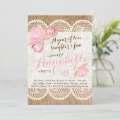 Shabby Chic verjaardagsuitnodiging, Burlap & Lace Kaart (Staand voorkant)