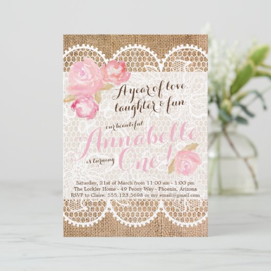 Shabby Chic verjaardagsuitnodiging, Burlap & Lace Kaart (Staand voorkant)