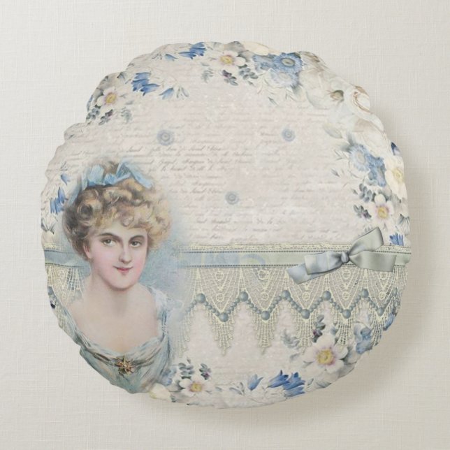 Shabby Chic  Victoriaans Lady met bloemen Rond Kussen (Voorkant)