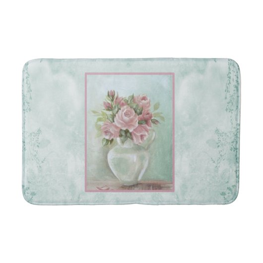 Shabby Chic  Victoriaans Roze Rozen op Blauwgroen Badmat (Voorkant)