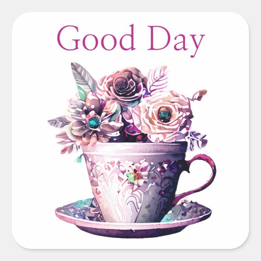 Shabby Chic Victoriaans Theetijd Teacup Vierkante Sticker (Voorkant)
