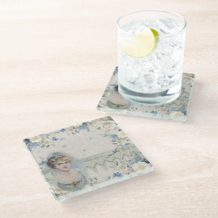 Shabby Chic Vintage Victoriaanse Dame met Bloemen Glazen Onderzetter