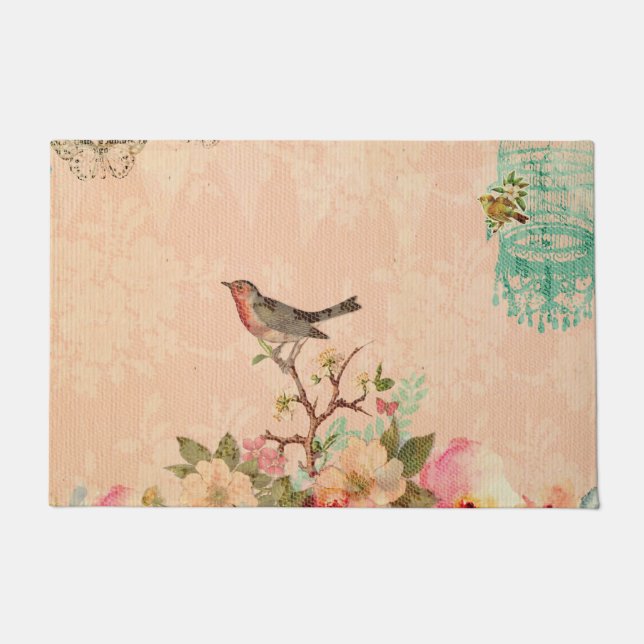 Shabby, chic, vogel, vlinder, kant, floral, countr deurmat (Voorkant)