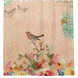 Shabby, chic, vogel, vlinder, kant, floral, countr douchegordijn