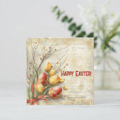Shabby chic waterverf Easer eieren en gele tulp Feestdagenkaart (Staand voorkant)