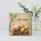 Shabby chic waterverf rood en geel Easer eieren Feestdagenkaart (Staand voorkant)