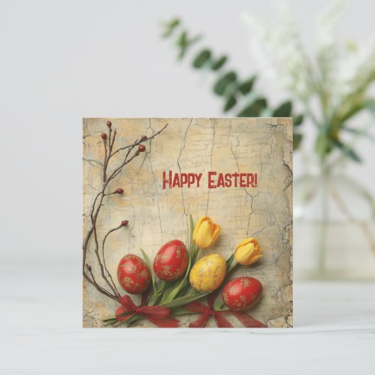 Shabby chic waterverf rood en geel Easer eieren Feestdagenkaart (Staand voorkant)