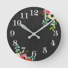 Shabby Chic Weathered Wood Floral Black Clock Ronde Klok