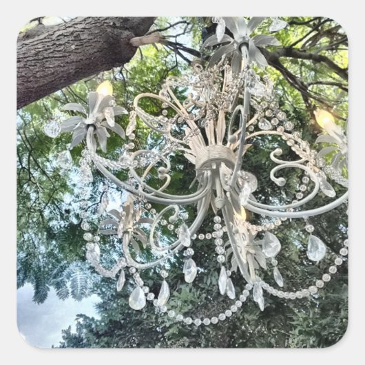 Shabby Chic White Crystal Chandelier Vierkante Sticker (Voorkant)