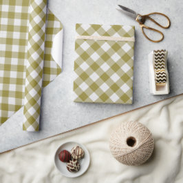 Shabby Chic White Ochre Mustard Green Gingham Cadeaupapier