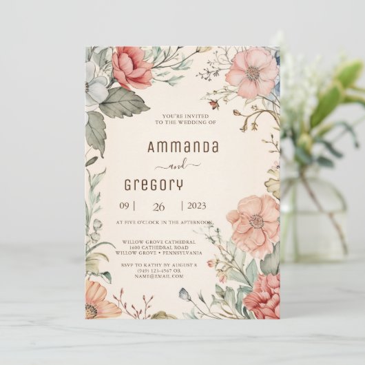 Shabby Chic Wildflower bruiloft uitnodiging (Staand voorkant)