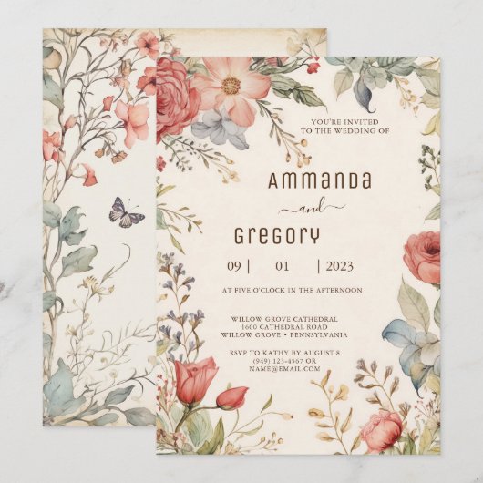 Shabby Chic Wildflower bruiloft uitnodiging (Voorkant / Achterkant)