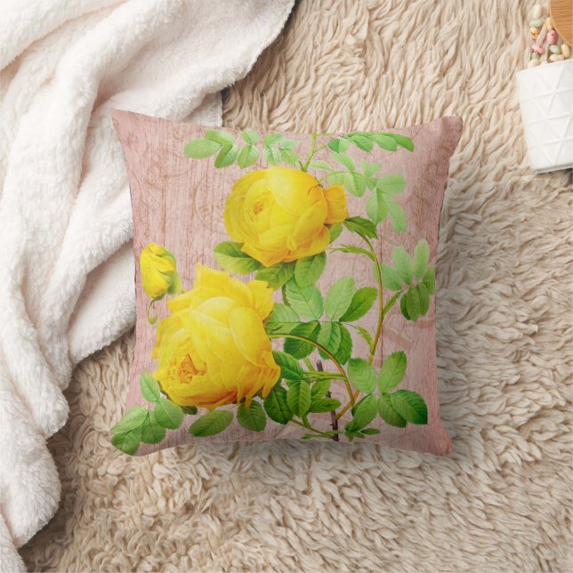  Shabby Chic Yellow Roses op Bleek Roze Kussen (Deken)
