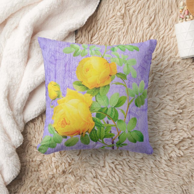  Shabby Chic Yellow Roses op Lila Kussen (Deken)