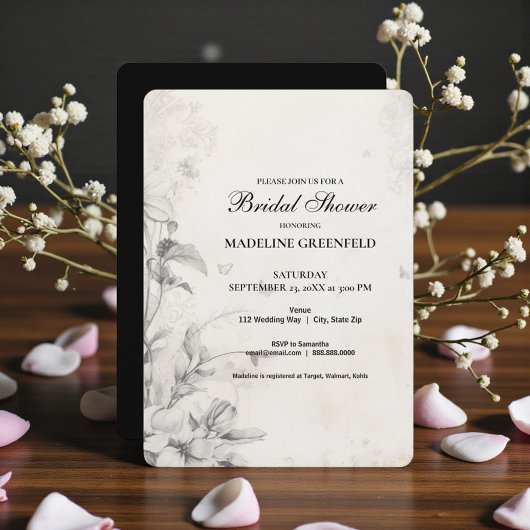 Shabby Chic Zwart Bloem Bruidsfeest Kaart