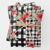 Shabby Chic Zwart & Wit Plaid Rood Bloemen Mix Inpakpapier Vel (In situ)
