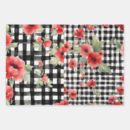 Shabby Chic Zwart & Wit Plaid Rood Bloemen Mix Inpakpapier Vel