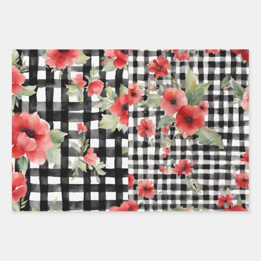 Shabby Chic Zwart & Wit Plaid Rood Bloemen Mix Inpakpapier Vel (Voorkant)