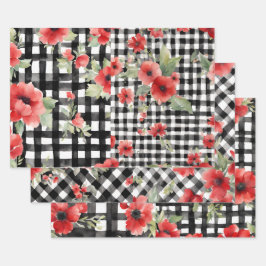 Shabby Chic Zwart & Wit Plaid Rood Bloemen Mix Inpakpapier Vel