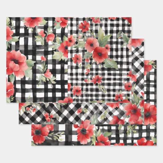 Shabby Chic Zwart & Wit Plaid Rood Bloemen Mix Inpakpapier Vel (Set)