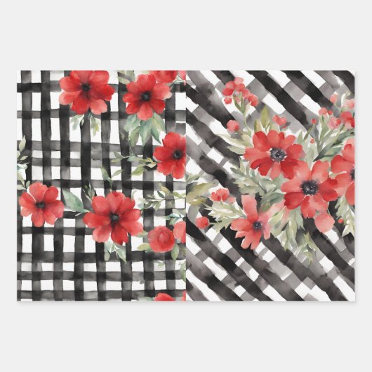 Shabby Chic Zwart & Wit Plaid Rood Bloemen Mix Inpakpapier Vel (Voorkant 3)