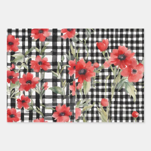 Shabby Chic Zwart & Wit Plaid Rood Bloemen Mix Inpakpapier Vel (Voorkant 2)
