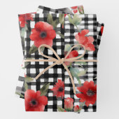 Shabby Chic Zwart & Wit Plaid Rood Bloemen Mix Inpakpapier Vel (In situ)