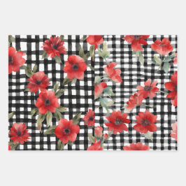 Shabby Chic Zwart & Wit Plaid Rood Bloemen Mix Inpakpapier Vel