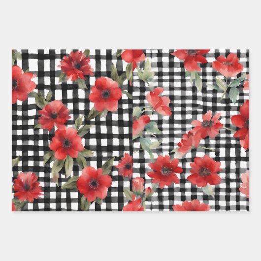 Shabby Chic Zwart & Wit Plaid Rood Bloemen Mix Inpakpapier Vel (Voorkant)