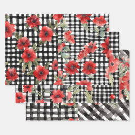 Shabby Chic Zwart & Wit Plaid Rood Bloemen Mix Inpakpapier Vel