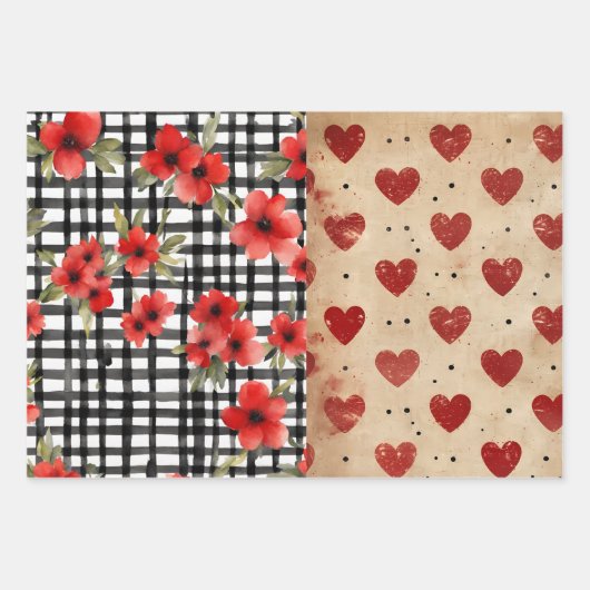 Shabby Chic Zwart & Wit Plaid Rood Hart Mix Inpakpapier Vel (Voorkant 3)