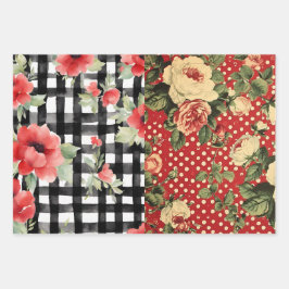 Shabby Chic Zwart & Wit Plaid Rood Hart Mix Inpakpapier Vel