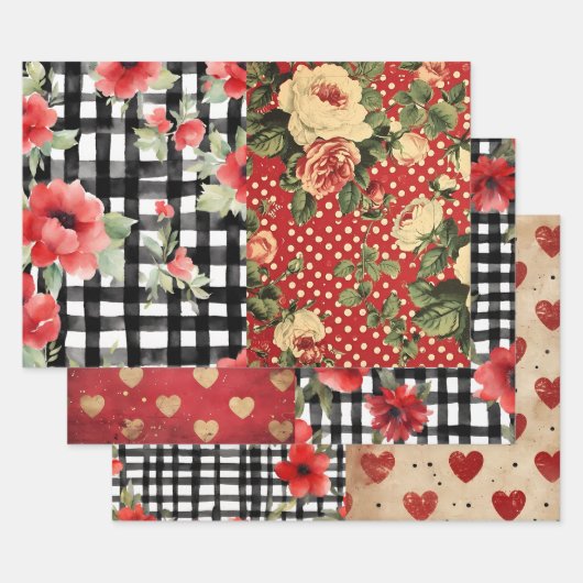 Shabby Chic Zwart & Wit Plaid Rood Hart Mix Inpakpapier Vel (Set)