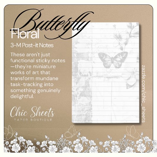 Shabby Chic Zwart & Witte Vlinder Bloem 3M  Post-it® Notes