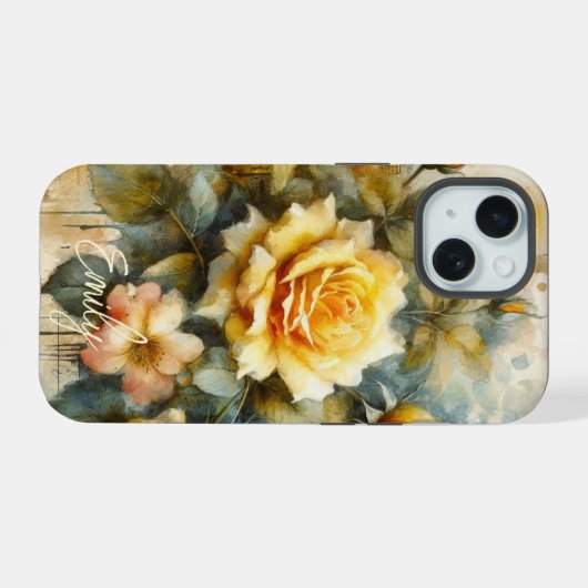 Shabby Chique Bord Geel Rose Aangepaste Naam iPhone 15 Case (Achterkant horizontaal)