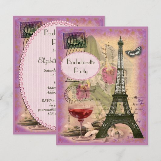 Shabby Chique Eiffeltoren & Rode Wijn Bachelorette Kaart (Voorkant / Achterkant)