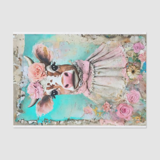 Shabby chique koe met pastel kleuren decoupage tissuepapier (Voorkant)