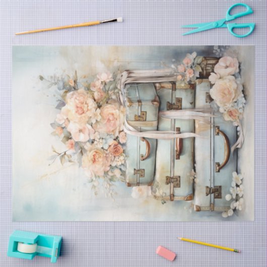  shabby chique koffer bloemenpastel groen tissuepapier (Craft)