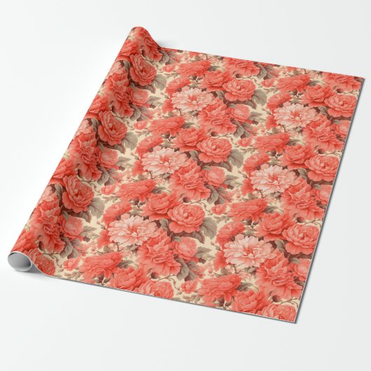 Shabby chique koraal bloemen cadeaupapier (Uitgerold)