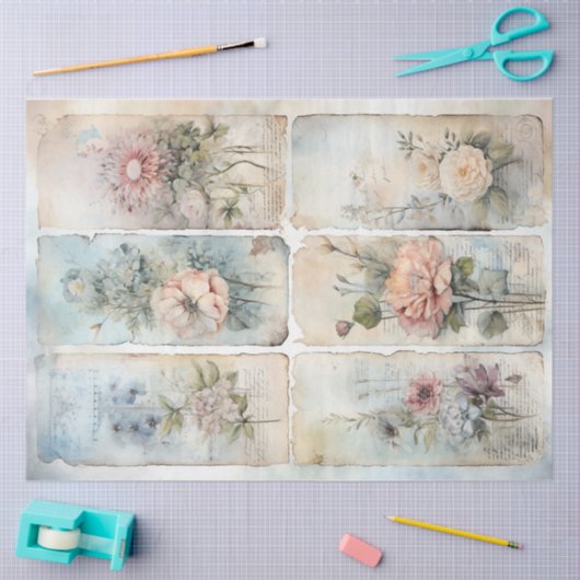  Shabby chique pastelblauw en roze bloemetjes Tissuepapier (Craft)