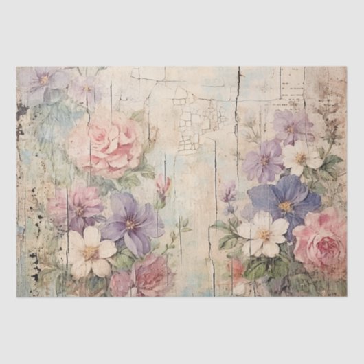 Shabby Chique  Roze Paarse Witte Bloemen Tissuepapier (Voorkant)