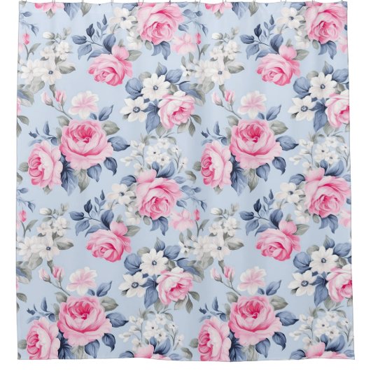 Shabby chique roze rozen en witte bloemen patroon douchegordijn (Voorkant)