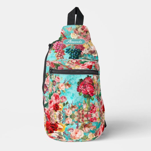  shabby chique rozen en vaas blauw bedrukt sling bag (Voorkant)