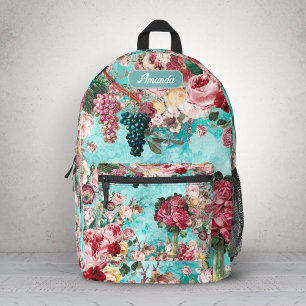  shabby chique rozen en vaas blauw bedrukte rugzak