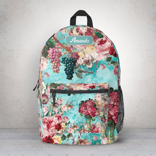  shabby chique rozen en vaas blauw bedrukte rugzak