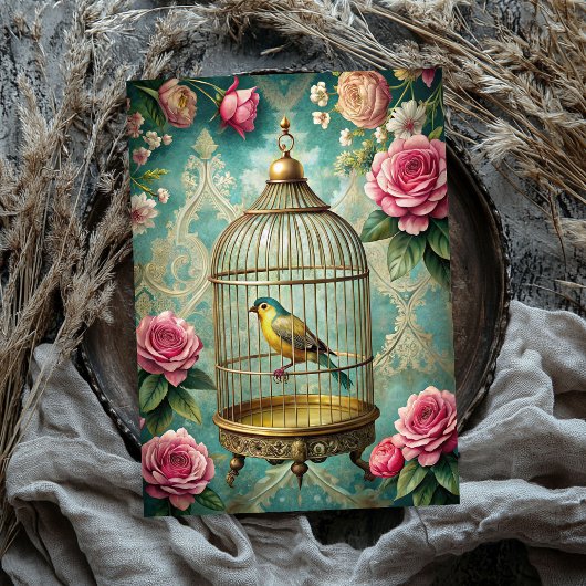  shabby chique vogel hoesje met blush rozen tissuepapier
